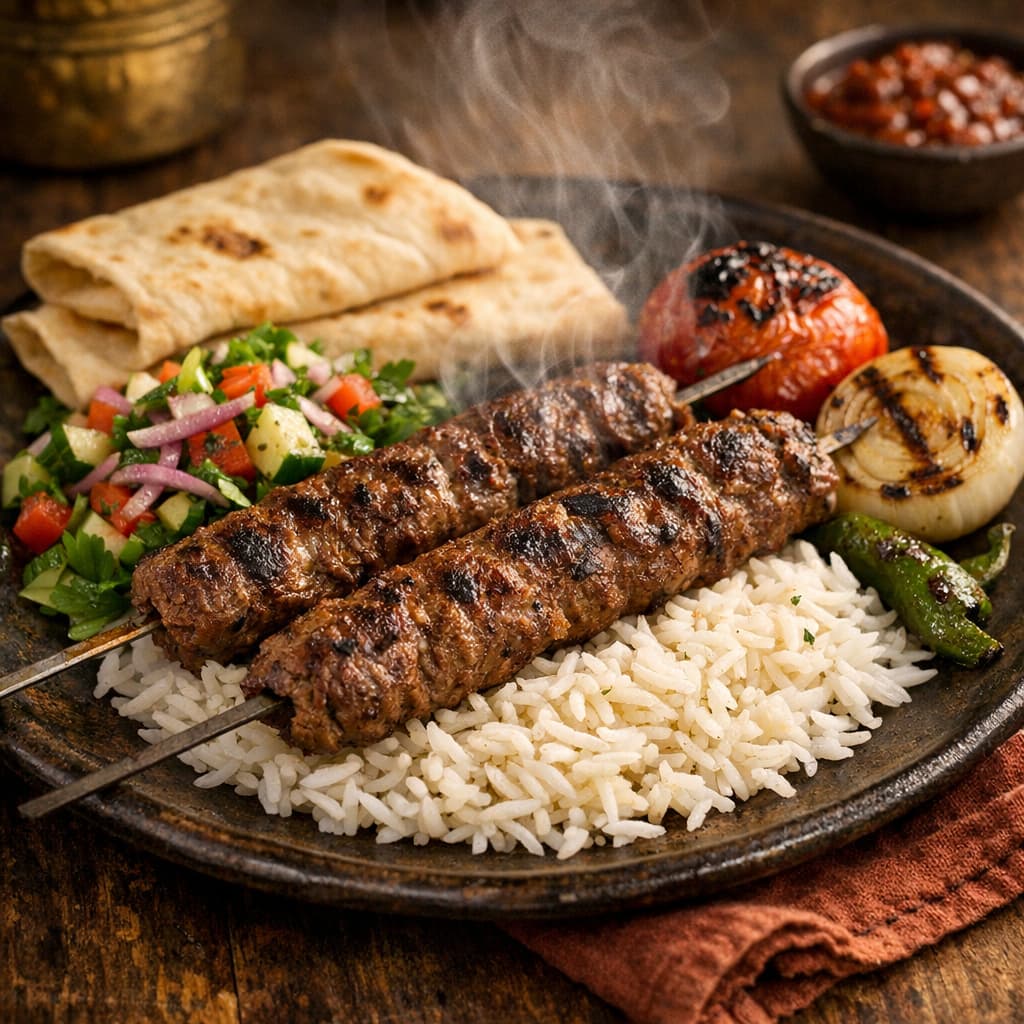 وجبة رئيسية عربية تقليدية - كباب لحم مع أرز وسلطة وخبز