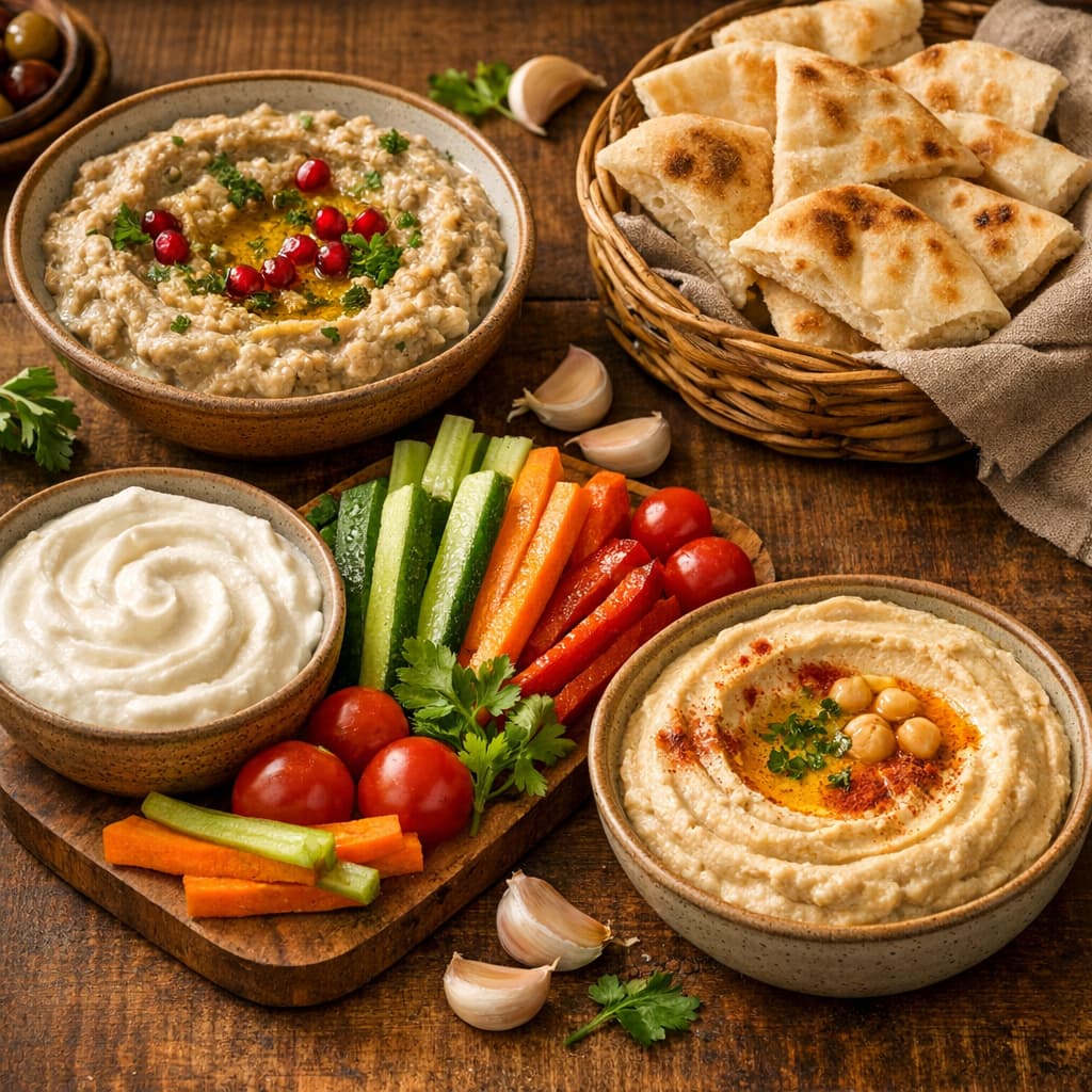 مقبلات عربية - متبل وحمص وكريمة ثوم وخضروات