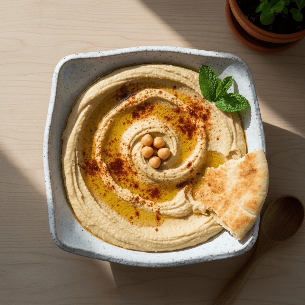 Frisches Hummus mit Olivenöl und Paprika