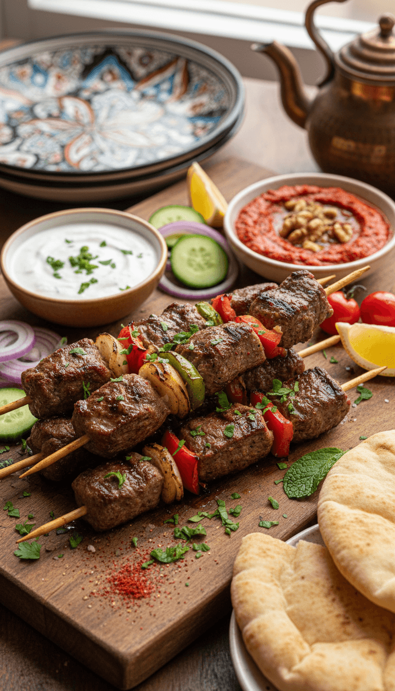 Köstliche gegrillte Fleischspieße mit frischen Kräutern