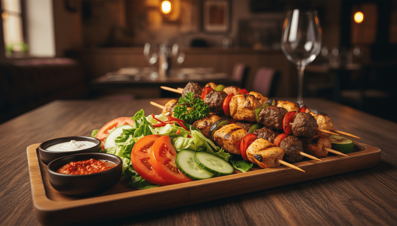 Frisches gegrilltes Kebab-Menü mit Gemüse und Sauce in einladendem Restaurantlicht