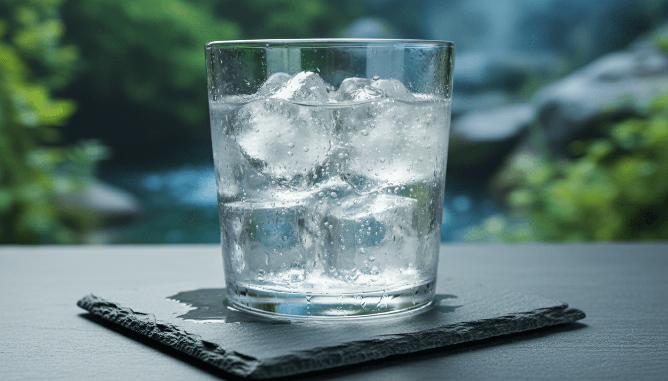 Glas kaltes Mineralwasser mit Eiswürfeln