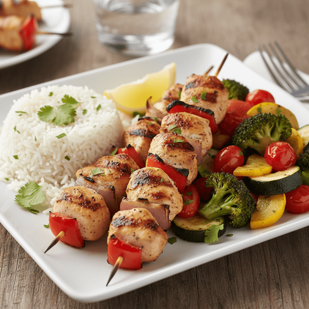 Gegrillte Hähnchenspiesse mit Beilage