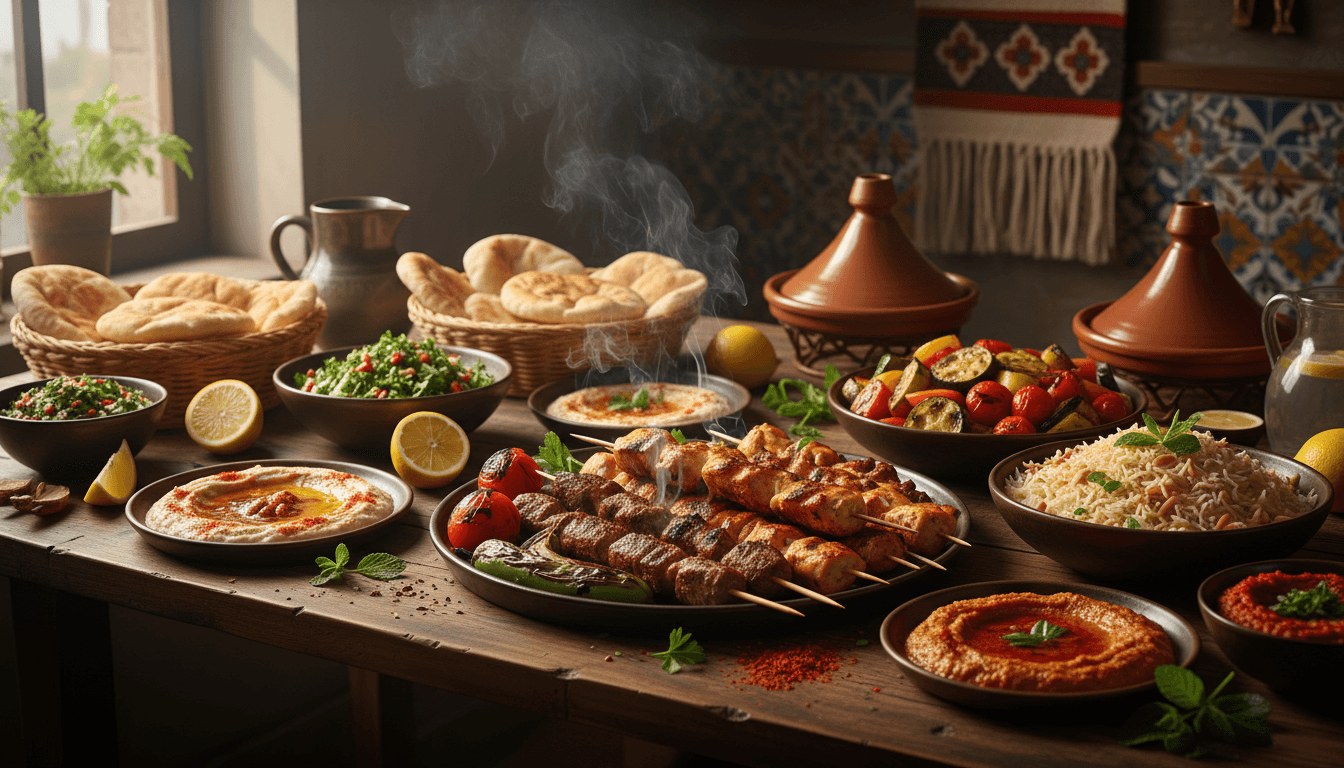 Frische arabische Gerichte mit Kebab, Gemüse und traditionellen Spezialitäten in warmer Beleuchtung