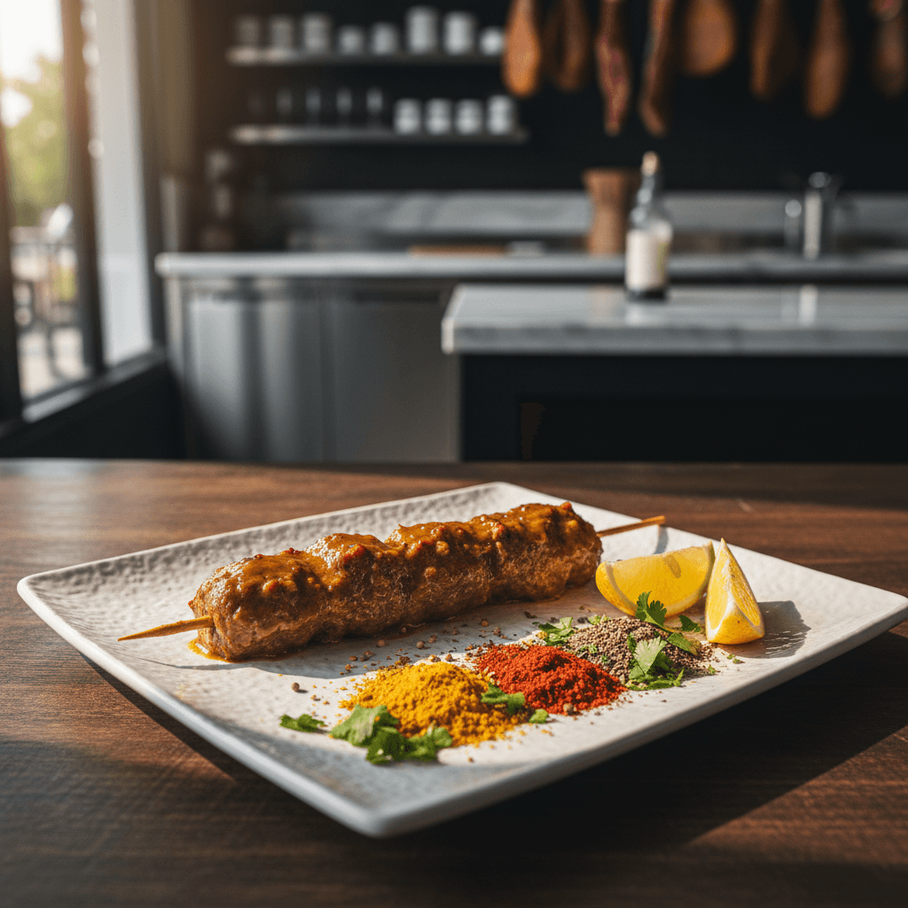 Gegrillte Lamm-Kebabs mit Reis und frischen Kräutern