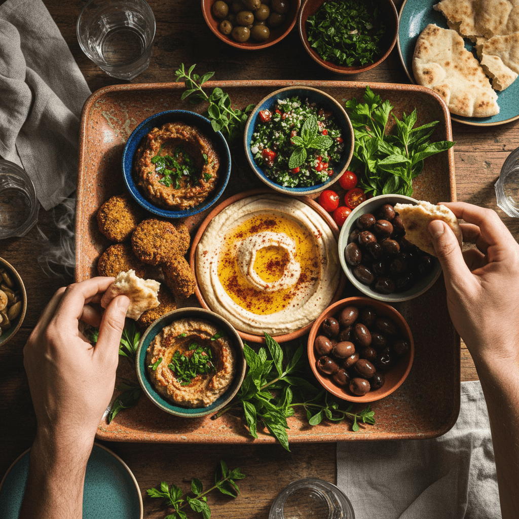 Authentische Mezze-Platte mit Hummus und Falafel