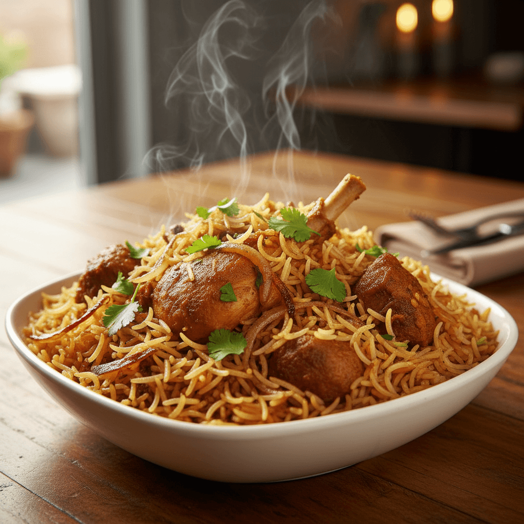 Traditionelles Reisgerichte mit geröstetem Gemüse und Fleisch